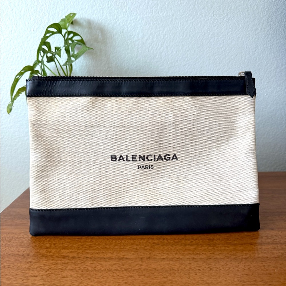 Balenciaga Navy Clip M Clutch Neutral Cream Canvas & Midnight Leather Purse Bag
